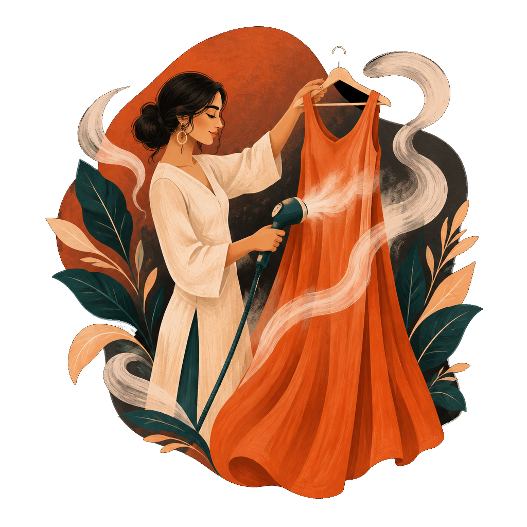 Illustration of a woman steaming a dress
