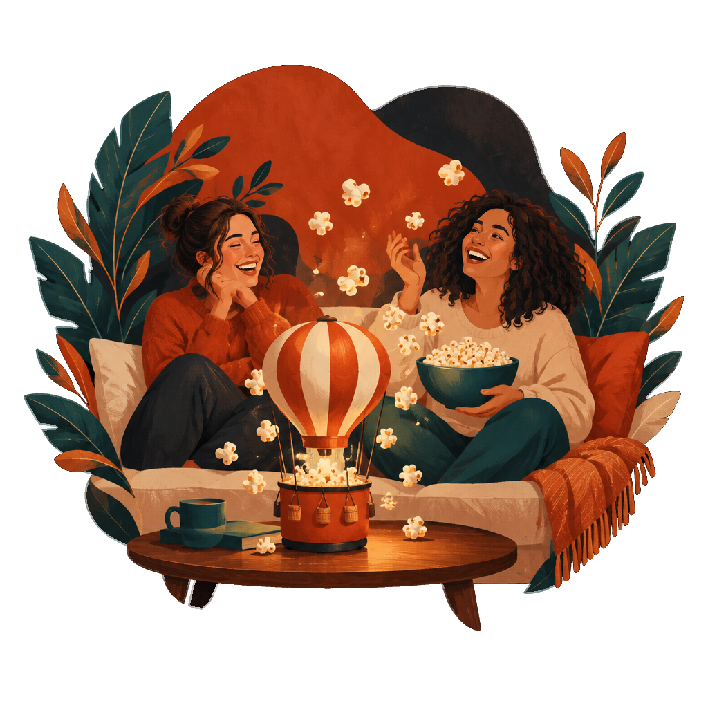 Illustration of friends sharing popcorn on movie night