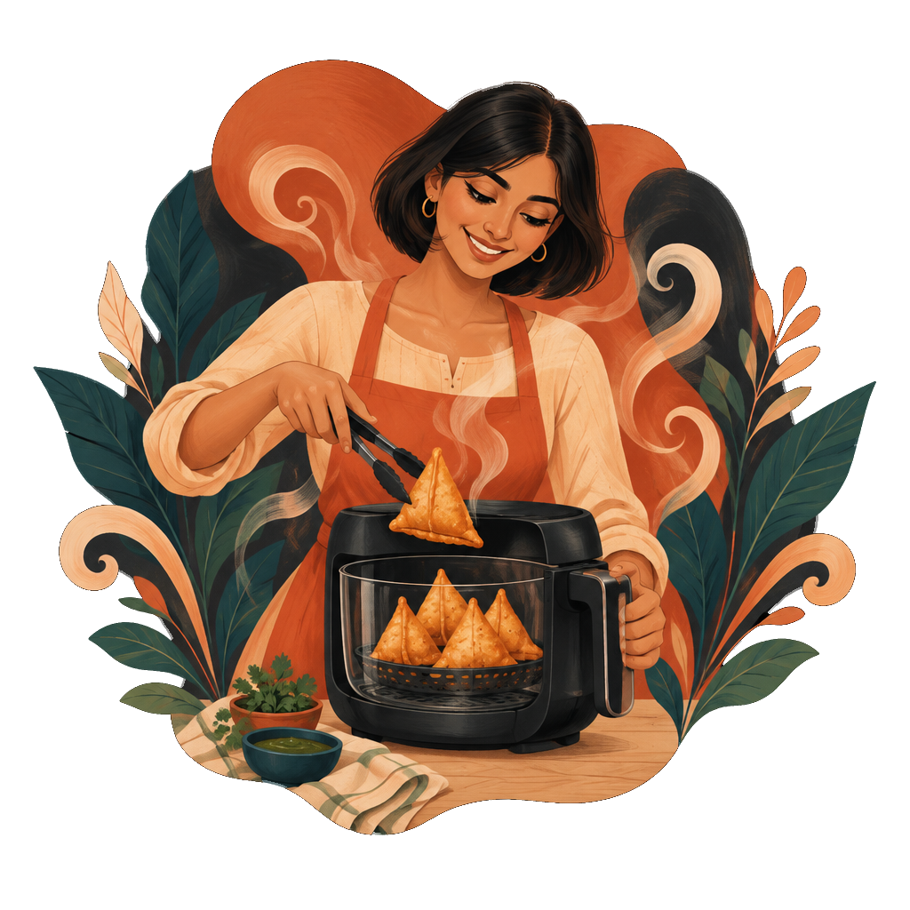 Illustration of a woman cooking with a glass air fryer