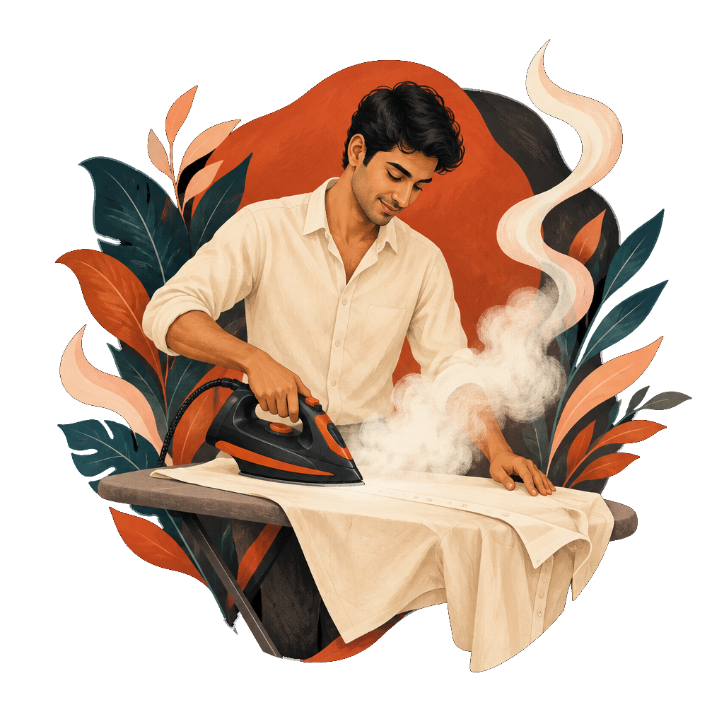 Illustration of a man ironing a shirt